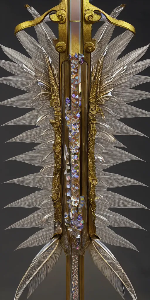 Image similar to beautiful physical detailed render of a sacred bow arms made of crystal, the style of louis comfort tiffany, pascal blanche, zigor samaniego, paul pepera, ellen jewett, weapon design, mechanics, weapon model, feather, wing, exquisite, metal, structure, c 4 d, 3 d render,, unreal engines, light effect, 4 k hd