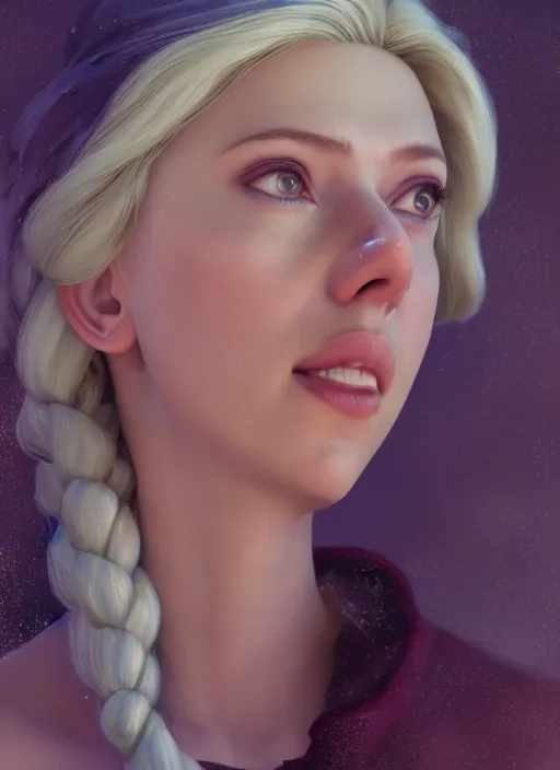 Image similar to Elsa from frozen portrait of Scarlett Johansson, au naturel, hyper detailed, digital art, trending in artstation, cinematic lighting, studio quality, smooth render, unreal engine 5 rendered, octane rendered, art style by klimt and nixeu and ian sprigger and wlop and krenz cushart