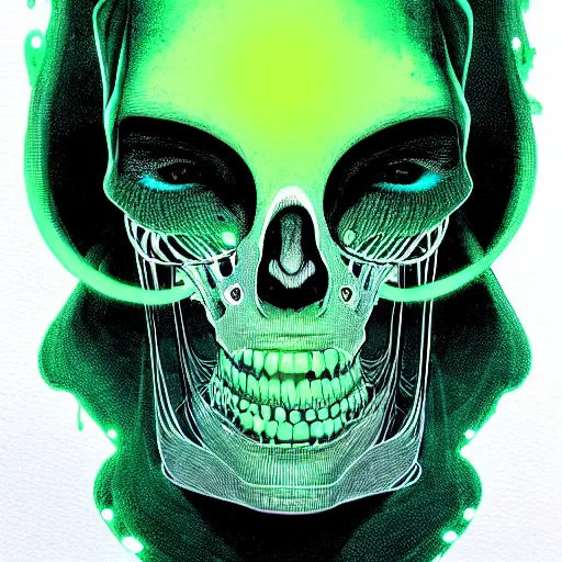 Prompt: portrait top light, by killian eng and joe fenton and martin deschambault and conrad roset, inspired by a cyber skeleton, neon green and grey only, etching and paint wash, fine sharp high detail,