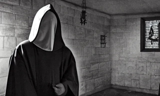 Image similar to cultist in robe with mask and gloves, satanic church interior, ceremonial, realistic photo, cctv footage, horror lighting, dim lighting