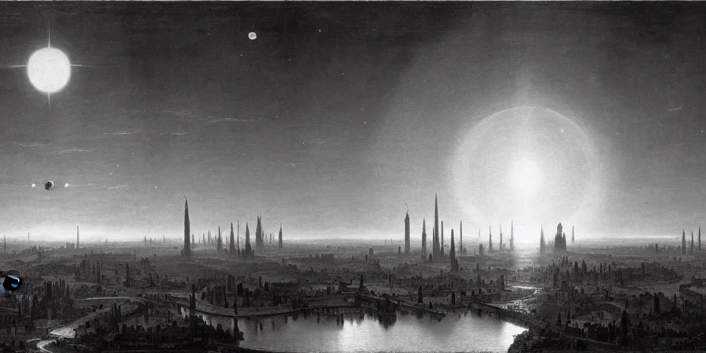 Image similar to planetary city, 2 suns on the horizon by ansel adams and bernardo bellotto