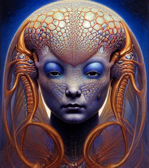 Image similar to detailed realistic beautiful young bjork alien robot as queen of mars face portrait by jean delville, gustave dore and marco mazzoni, art nouveau, symbolist, visionary, gothic, pre - raphaelite. horizontal symmetry by zdzisław beksinski, iris van herpen, raymond swanland and alphonse mucha. highly detailed, hyper - real, beautiful