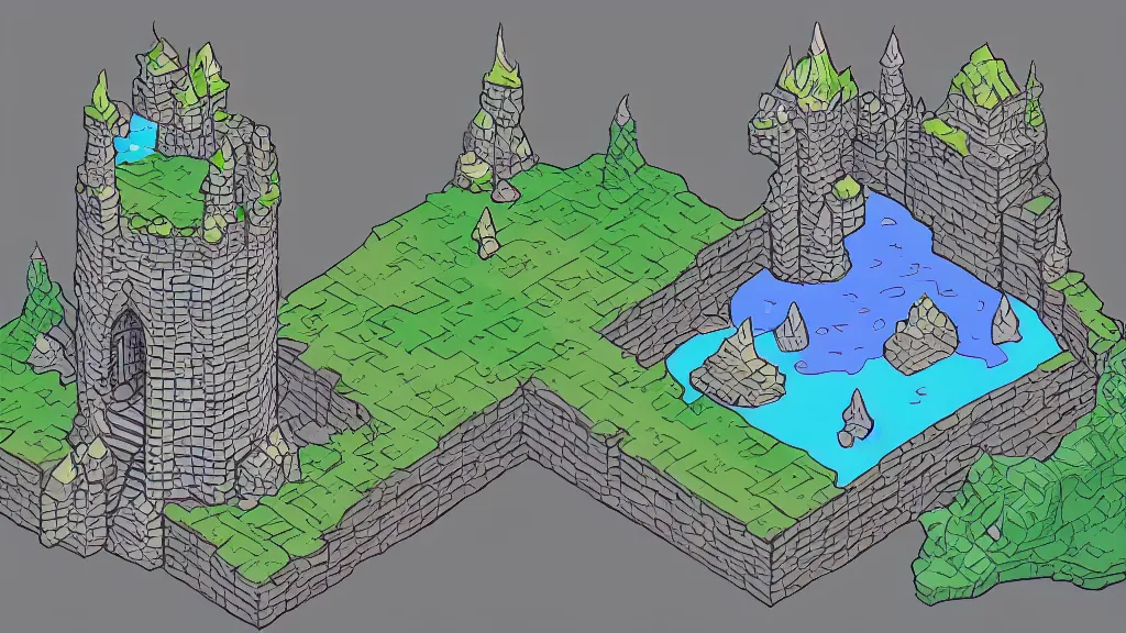 Prompt: Isometric view of a wizard tower surrounded by: 1 an ice cave to the west 2 a fire cave to the east 3 a emerald mine to the north and 4 a diamond mine to the south, lineart, colored