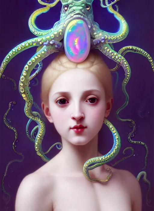 Image similar to A full shot of a cute magical monster girl wearing a dress made of opals and tentacles. Subsurface Scattering. Caustics. Prismatic light. defined facial features, symmetrical facial features. Opalescent surface. Soft Lighting. beautiful lighting. By Giger and Ruan Jia and Artgerm and WLOP and William-Adolphe Bouguereau and Loish and Lisa Frank. trending on artstation, featured on pixiv, award winning, sharp, details, intricate details, realistic, Hyper-detailed, HD, HDR, 4K, 8K.