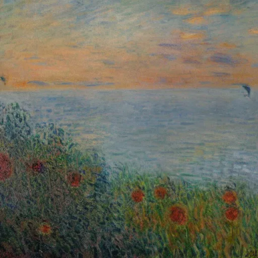 Prompt: a framed painting of a monet hellish landscape