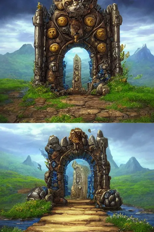 Image similar to A giant medieval fantasy blue energy portal gate with a rusty gold carved lion face at the center of it, the portal takes you to another world, full of colorful flowers on the lost Vibes and mountains in the background, spring, delicate fog, sea breeze rises in the air, by andreas rocha and john howe, and Martin Johnson Heade, featured on artstation, featured on behance, golden ratio, ultrawide angle, f32, well composed, rule of thirds, center spotlight, low angle view