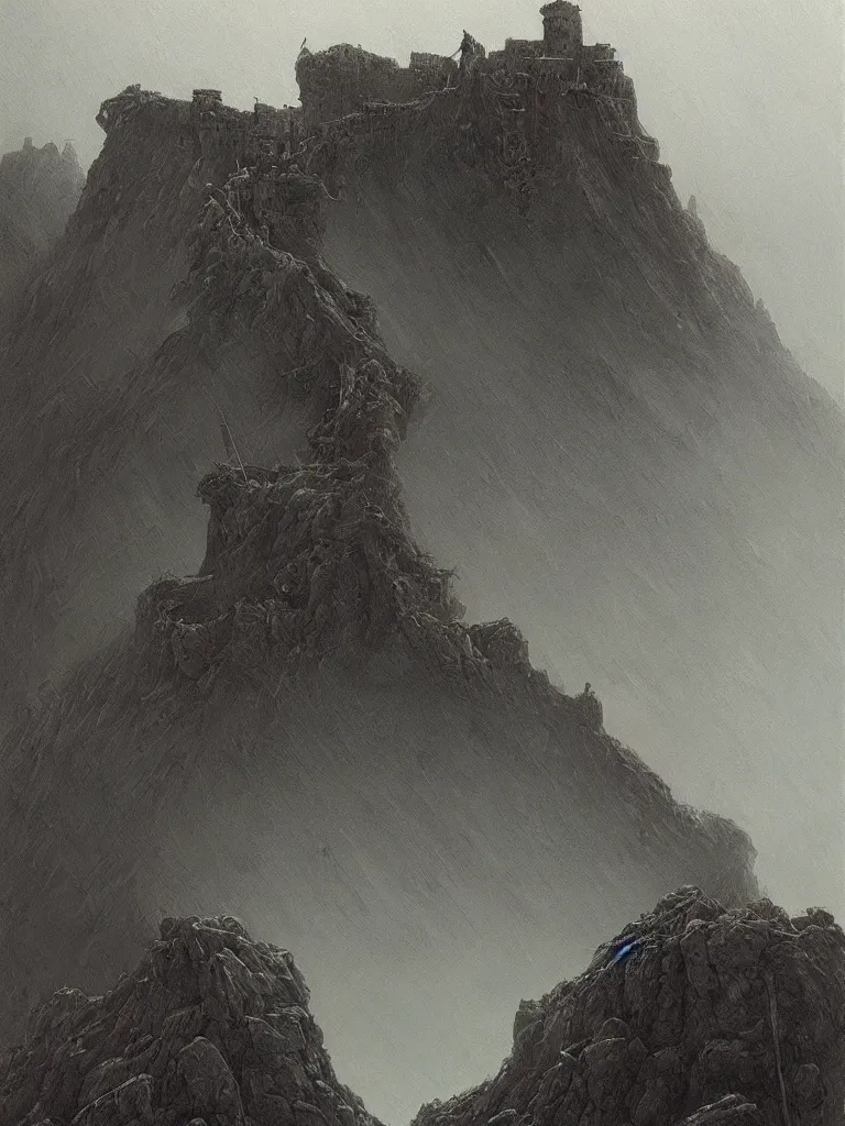 Prompt: painting of black rain falling upon a ruined mountainside fortress pulsing with entrails, grimy, gritty, trending on artstation, award winning painting, classic, masterpiece, highly detailed, sharp focus, art by zdzisław beksinski and bayard wu and wayne barlowe