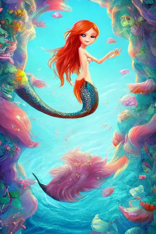 Image similar to cute cartoon childrens book illustrations of a mermaid, vivid colors, high details, cinematic, 8k resolution, beautiful detailed, photorealistic, digital painting, artstation, concept art, smooth, sharp focus, illustration, fantasy background, artstation trending, octane render, unreal engine