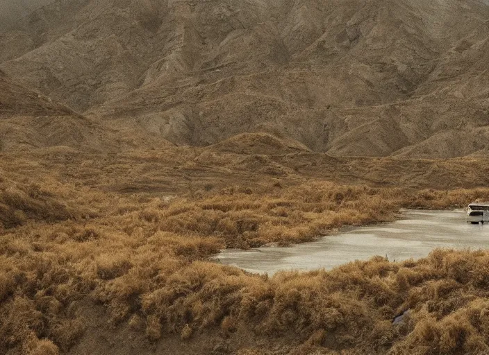 Image similar to A very high resolution image from a new movie, landscape, raining, hot, directed by wes anderson