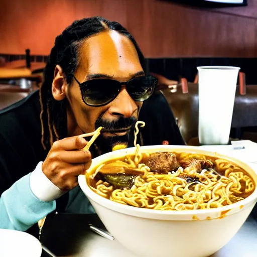 Image similar to Snoop Dog eating ramen in a restaurant