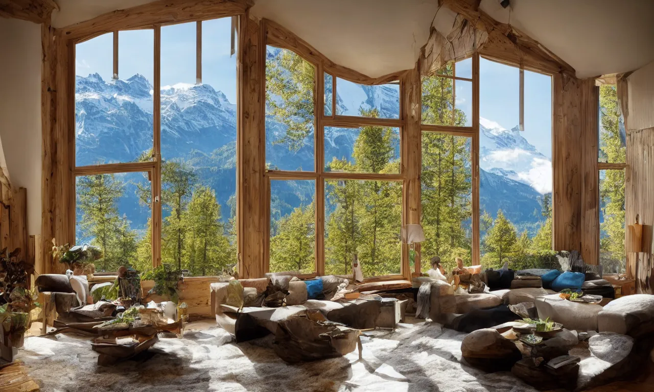 Image similar to fantastical living room with switzerland landscape in the window