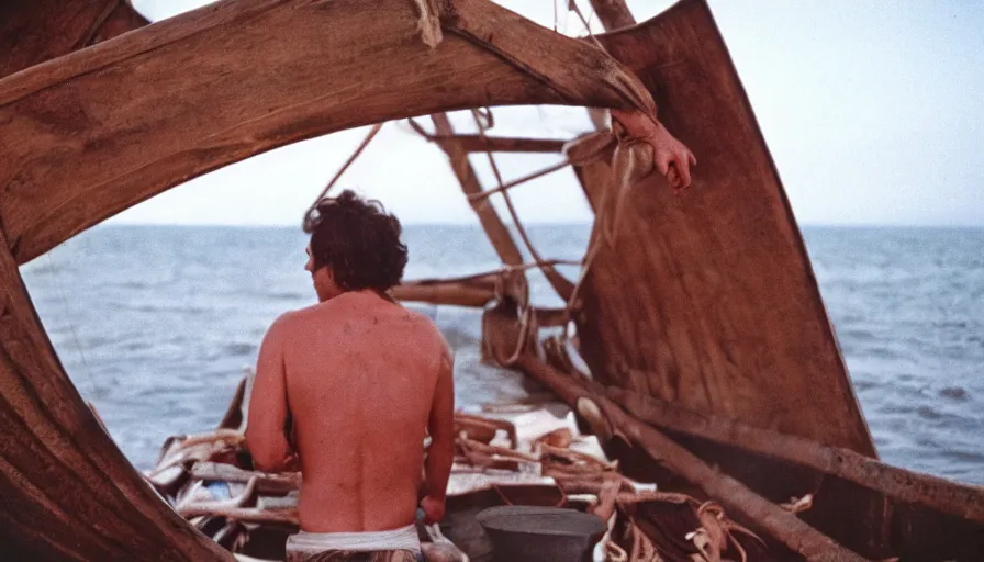 Prompt: 1 9 7 0 s movie still of a man in a barque in a stomach, cinestill 8 0 0 t