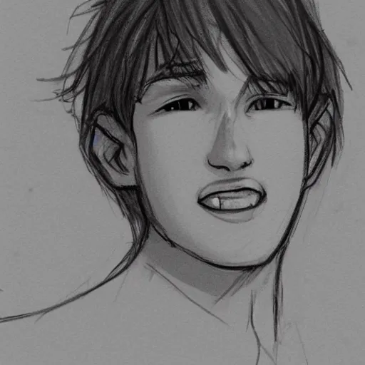 Prompt: sketch of a teenage boy with short side part hair and a smile, trending on artstation