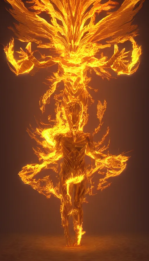 Image similar to a god made of golden fire, concept art, volumetric lighting