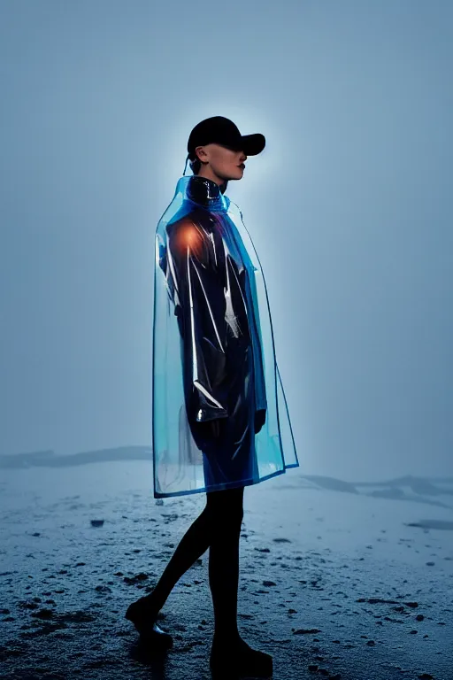 Image similar to an ultra high definition professional high fashion portrait studio full length photograph of a model wearing a transparent pearlescent raincoat and neon visor in an icelandic black rock environment at dawn. no artefacts. extremely detailed. stark. refraction. shallow depth of field. volumetric light and shadow. ray tracing. light rays.