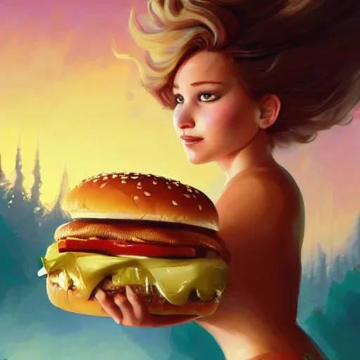 Image similar to beautiful Jennifer Lawrence eating a big mac hamburger, full body fantasy art icon, extreme detail, ethereal volumetric mystical lighting, dripping BBQ Sauce, serving burgers, art by Jesper Ejsing, by RHADS, Makoto Shinkai and Lois van baarle, ilya kuvshinov, rossdraws