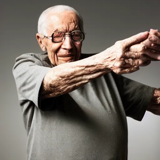 Image similar to an elderly man pogging and dabbing