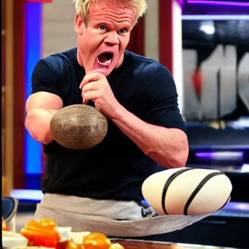 Image similar to angry!! gordon ramsey eating a basketball, tv still