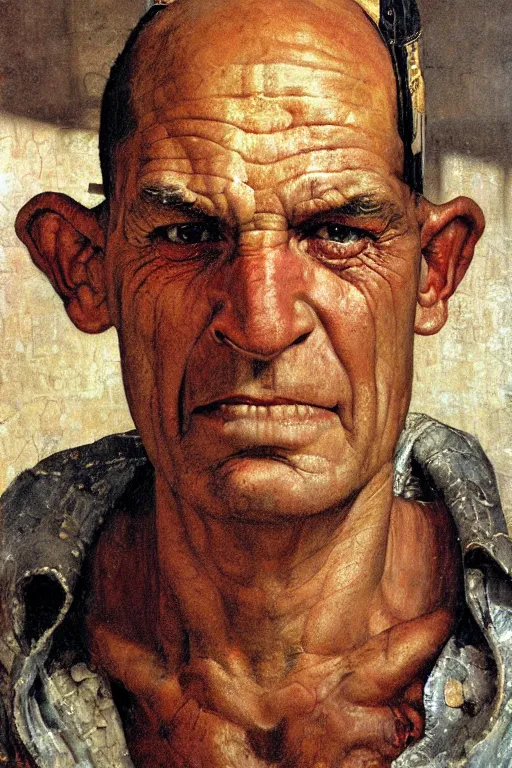 Prompt: a closer personal portrait of popeye with very piercing eyes, very charismatic. in the old ancient temple of luxor. masterpiece, dark. painted by norman rockwell and james gurney
