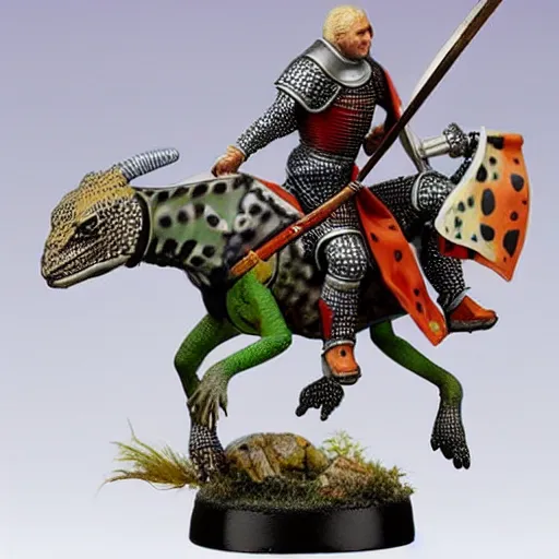 Image similar to A medieval knight riding on a giant two legged leopard gecko, highly detailed, painted wargaming miniature