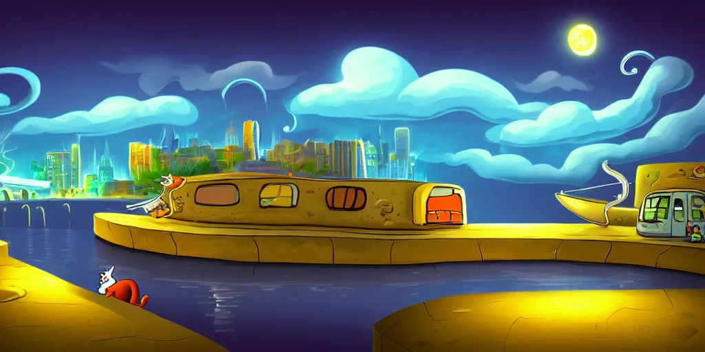 Prompt: nightscape chubby cartoon concept art, wall with drain on the edge of the river, spiral clouds, sam and max, liquid smoke, catamarans