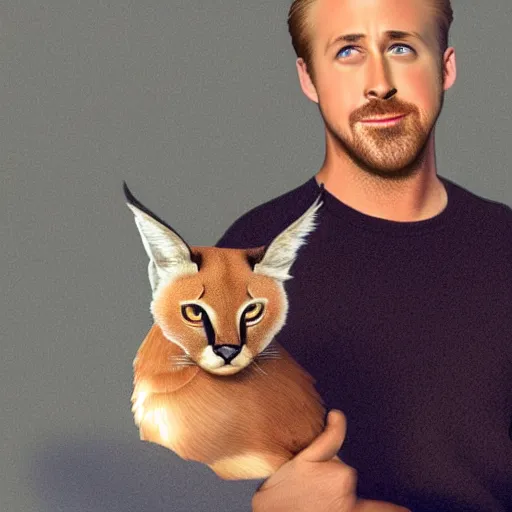 Image similar to Ryan Gosling holds a caracal cat in his hands, ultra highly detailed, smooth, sharp focus, elegant, artstation