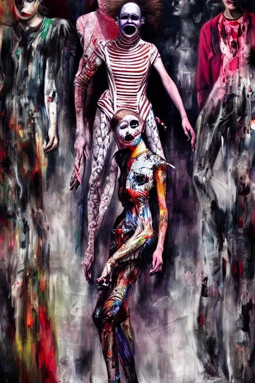 Image similar to crazy fashion catwalk, freak show, one model, crazy clothes, biopunk style, horror, hauntingly surreal, highly detailed painting by francis bacon, edward hopper, adrian ghenie, gerhard richter, and james jean soft light 4 k