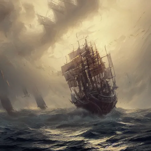 Prompt: A pirate ship in the middle of the sea during a storm, fantasy art, in the style of greg rutkowski, illustration, epic, fantasy, intricate, hyper detailed, artstation, concept art, smooth, sharp focus, ray tracing