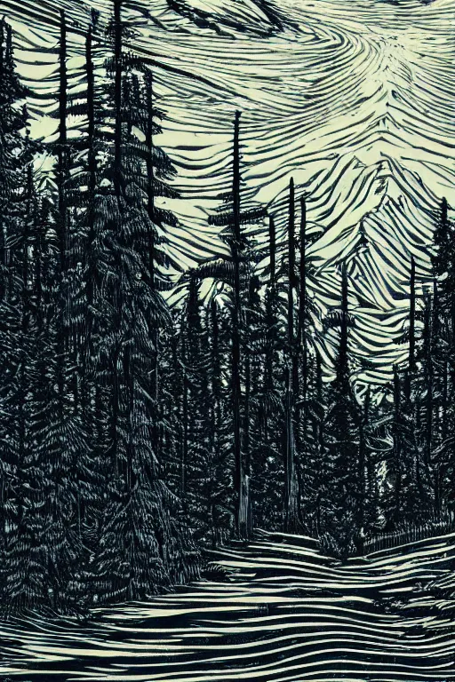 Prompt: a beautiful woodcut print of a canadian mountain forest, 8 k, frostbite 3 engine, cryengine, dof, trending on artstation, digital art, crepuscular ray, art by fossi _ images and tugboat printshop