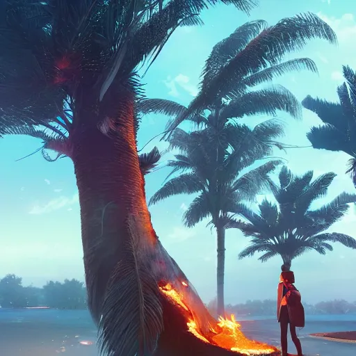 Image similar to Fiery Palm tree ignites black background, sending flickering aesthetic firefly ashes towards viewer by Makoto Shinkai, by Artgerm, by beeple, by Greg Rutkowski, volumetric lighting, octane render, 4K resolution, trending on artstation, masterpiece