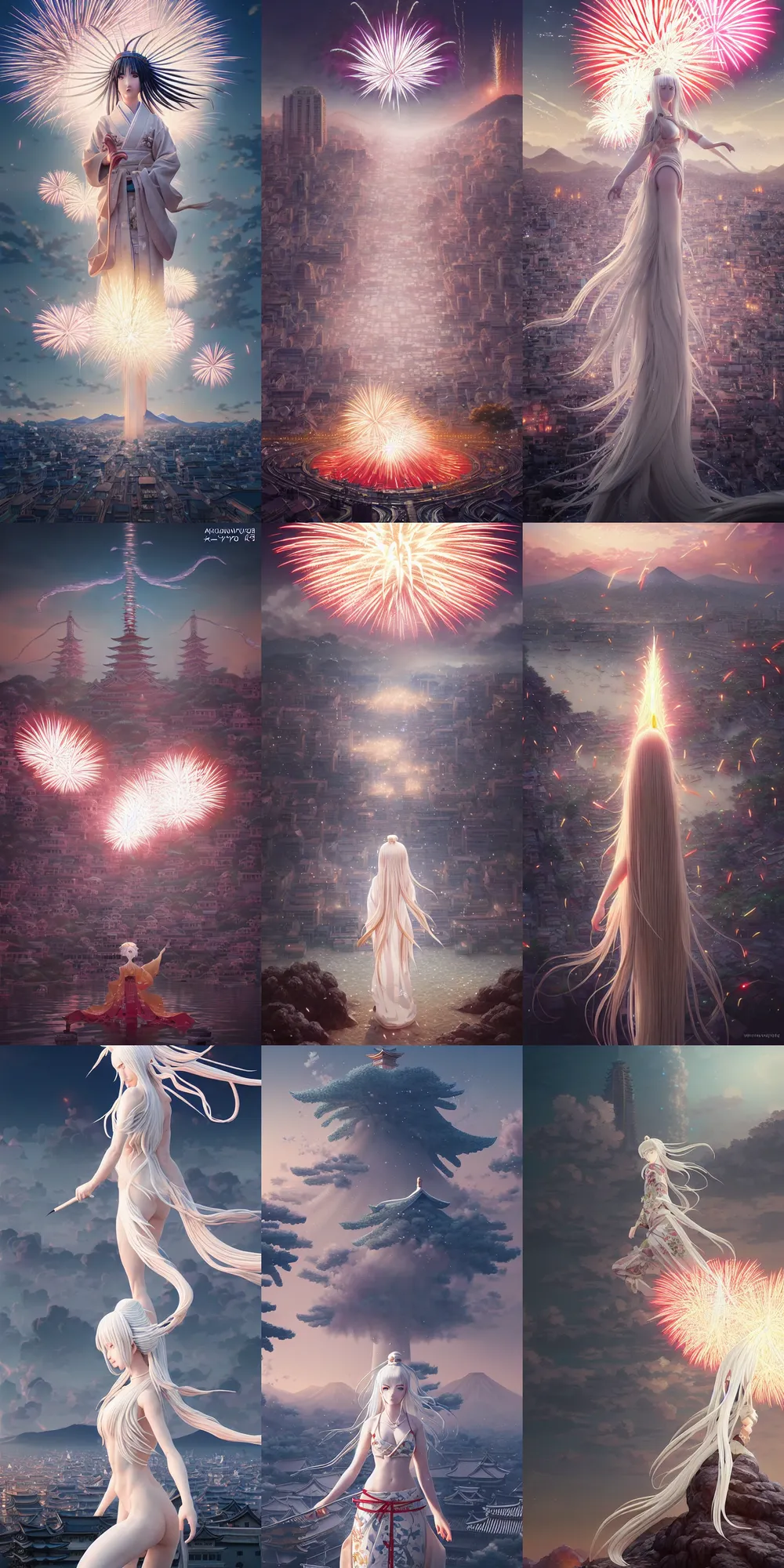 Prompt: firework festival in ancient japan, white long hair goddess, by kyoto animation, insanely detailed. instagram photo, kodak portra. by wlop, ilya kuvshinov, krenz cushart, greg rutkowski, pixiv. zbrush sculpt, octane, maya, houdini, vfx. huge cityscape. cinematic dramatic atmosphere, sharp focus, volumetric lighting