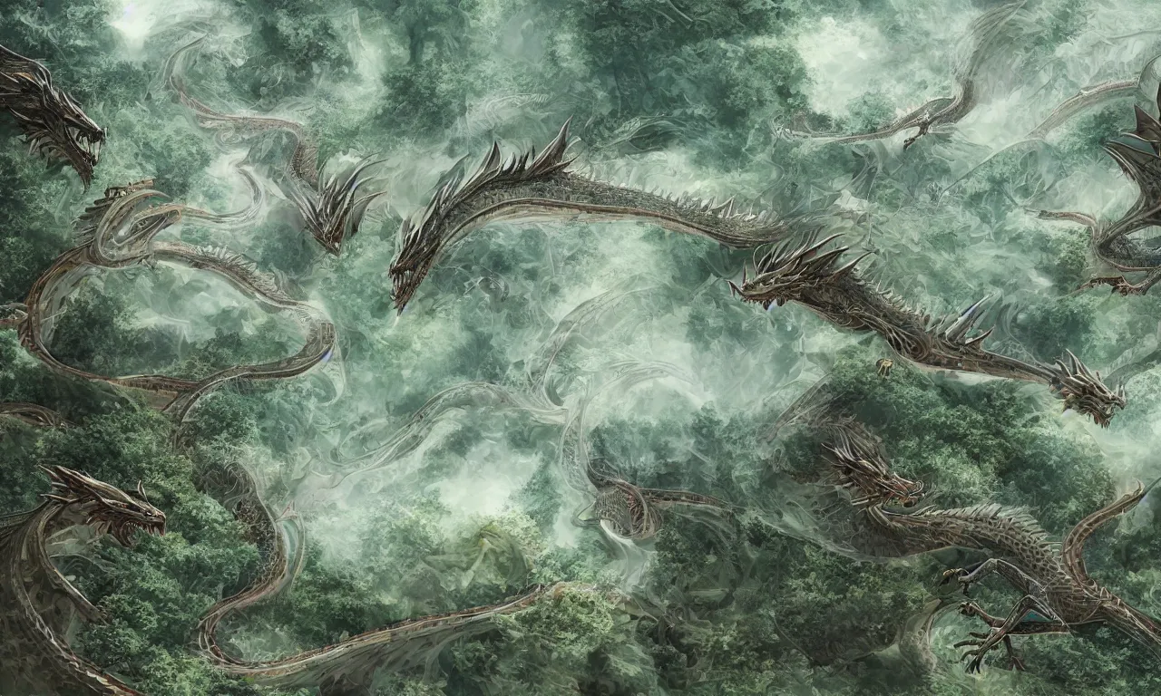 Prompt: dragons, forested hills and interconnected high speed rails, digital art, 3 d, illustration