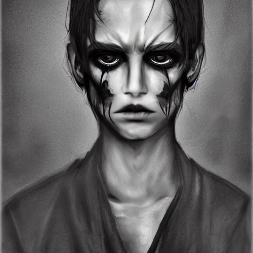 Prompt: an expressionless, dead look that emits nothing but numbness, male, dark aesthetic, realistic drawing