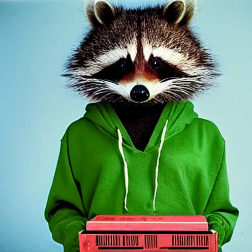 Image similar to medium shot, photo of a girl in a detailed hyperrealistic raccoon mask, wearing a green hoodie, holding a pile of vinyl records, 8 0 - s, polaroid photo, by warhol,