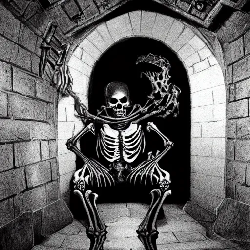 Prompt: An evil skeleton in a haunted tomb. Dark Fantasy. Dungeon and Dragons. Film Noir. Black and White.