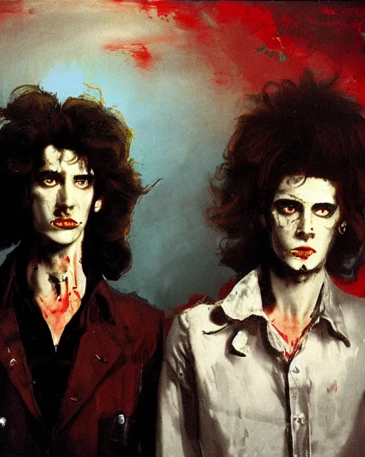 Prompt: two handsome but sinister young men in layers of fear, with haunted eyes and wild hair, 1 9 7 0 s, seventies, wallpaper, a little blood, moonlight showing injuries, delicate embellishments, painterly, offset printing technique, by brom, robert henri, walter popp