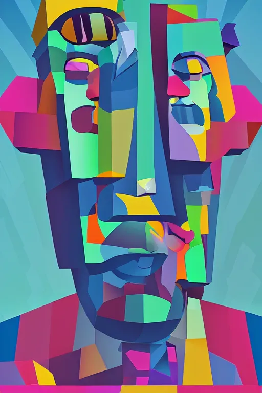 Image similar to cubist moai statue cutout digital illustration cartoon colorful beeple