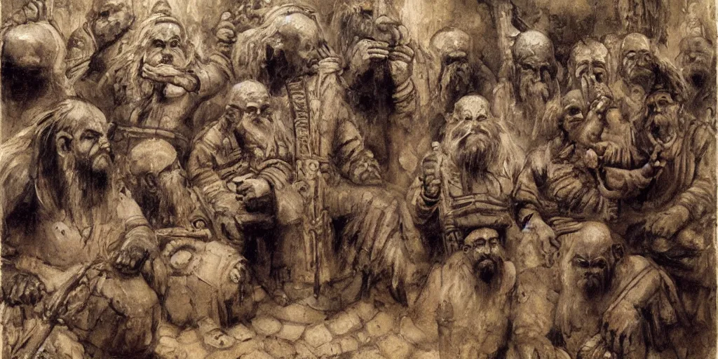 Image similar to sumerian underground city ancient dwarves, drawn by viktor vasnetsov, beautiful faces, symmetrical faces dwarven dungeons, cities of mesopotamia, moriya, oil painting, harsh fairy tale, soft style, hyperrealism, beautiful, high resolution, trending on artstation,