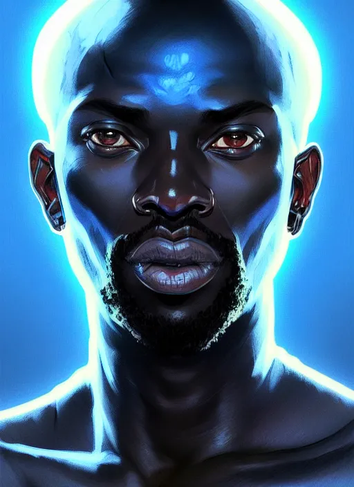Prompt: portrait of an African man, glowing blue eyes!! muscular, black leather robes! intricate, elegant, highly detailed, digital painting, artstation, concept art, smooth, sharp focus, illustration, art by artgerm and greg rutkowski and alphonse mucha