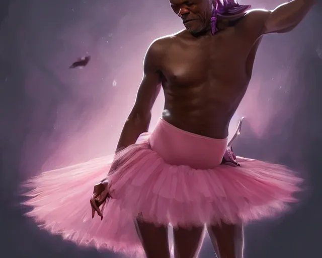 Image similar to photography of samuel l jackson in a pink ballerina outfit, fulll body shot, deep focus, d & d and mtg, fantasy, intricate, elegant, highly detailed, digital painting, artstation, concept art, matte, sharp focus, illustration, hearthstone, art by artgerm and greg rutkowski and alphonse mucha