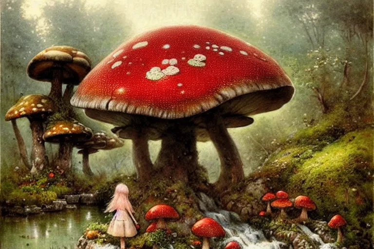 Image similar to adventurer ( ( ( ( ( 1 9 5 0 s retro future forrest of giant mushrooms, moss and flowers stone bridge waterfall and cottage. muted colors. ) ) ) ) ) by jean baptiste monge!!!!!!!!!!!!!!!!!!!!!!!!! chrome red