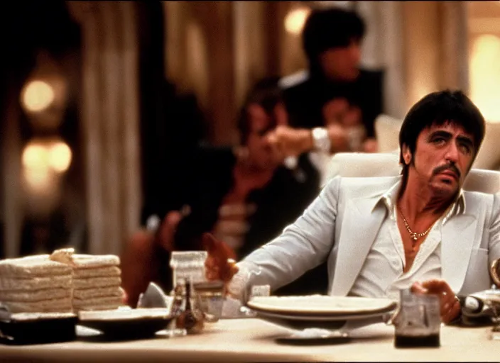 Image similar to tony montana from movie scarface 1 9 8 3 sitting behind a big black oak table with big large packages of flour. long shot. al pacino. perfect symmetric face, coherent eyes,, fine details, 4 k, ron cobb, cinestill