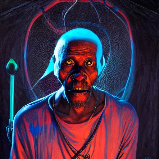 Image similar to a death tarot featuring a haitian voodoo priest with menacing eyes, blacklight neon colors, by anton semenov and android jones in cyberpunk voodoo style, oil on canvas, 8k