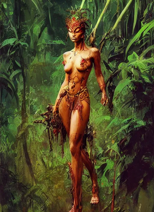 Image similar to a full body portrait of a jungle queen, intricate, elegant, highly detailed, vivid colors, john park, frazetta, sparth, ruan jia, jeffrey catherine jones