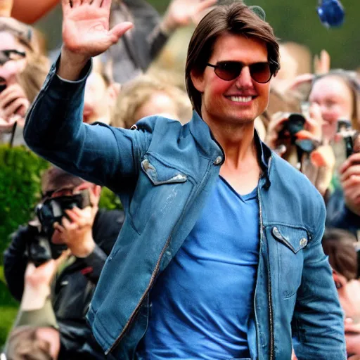 Image similar to Tom Cruise waving to fans. He's wearing blue jeans and a green jacket, Ralph Lauren. A helicopter is in the background. Shallow depth of field