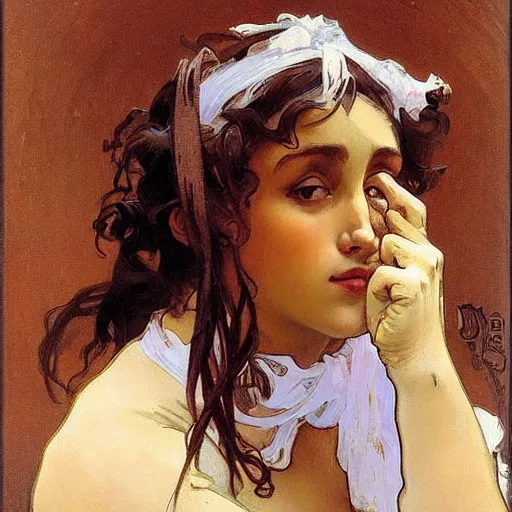 Image similar to beautiful brown skin girl with pouty lips by alphonse mucha and greg manchess