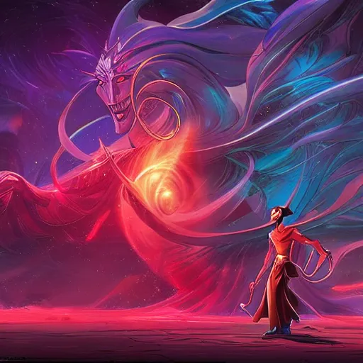 Image similar to jafar with phenomenal cosmic power, by dan mumford, yusuke murata, makoto shinkai, ross tran, cosmic, heavenly, god rays, intricate detail, cinematic, 8 k, cel shaded, featured on artstation, pixiv