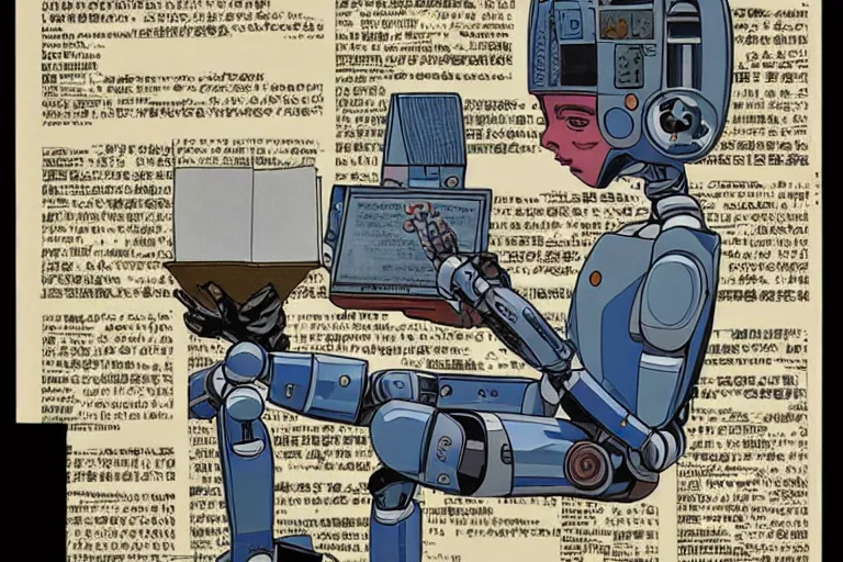 Image similar to a robot reading all the human knowledge made to date, katsuhiro otomo