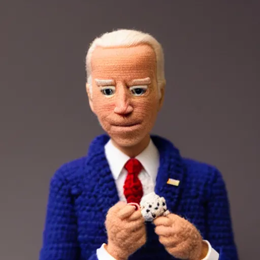 Image similar to joe biden as a crochet doll, intricately detailed, award winning, studio lighting, photograph