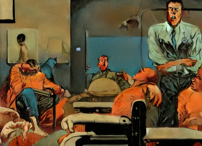 Image similar to a still from the movie one flew over the cuckoo's nest by francis bacon and norman rockwell and james jean, and mark brooks, triadic color scheme, by greg rutkowski, syd mead and edward hopper and norman rockwell and beksinski, dark surrealism, orange and turquoise